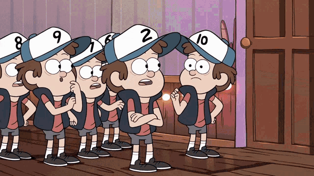 a group of cartoon characters wearing hats with the numbers 8 9 and 10 on them