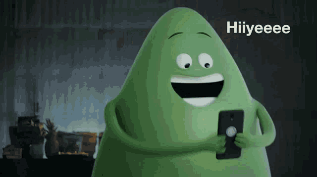 a green cartoon character is smiling and holding a cell phone with the word hiiyeee above it