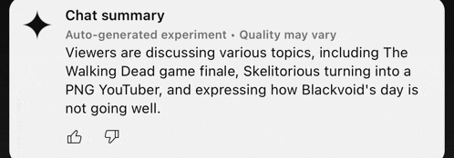 a screenshot of a chat summary that says viewers are discussing various topics including the walking dead game finale ..