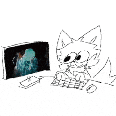 a black and white drawing of a cat sitting at a desk using a computer .