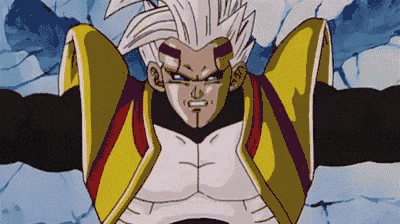 a cartoon character from dragon ball z is flying through the air .