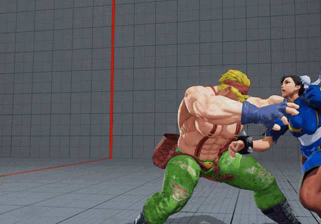 a woman in a blue dress is fighting a man in a green shirt