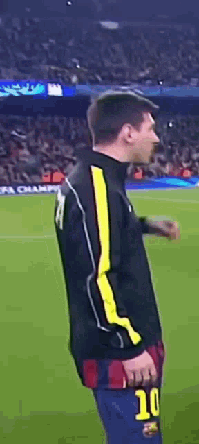 a soccer player with the number 10 on his shorts is standing on the field