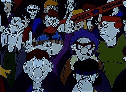a cartoon drawing of a group of people holding a wcastle brown sign