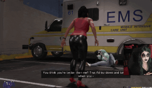 a woman is standing in front of an ambulance that says ems