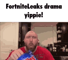 a bald man is eating a bag of chips in a kitchen with the words `` fortniteleaks drama yippie ! ''