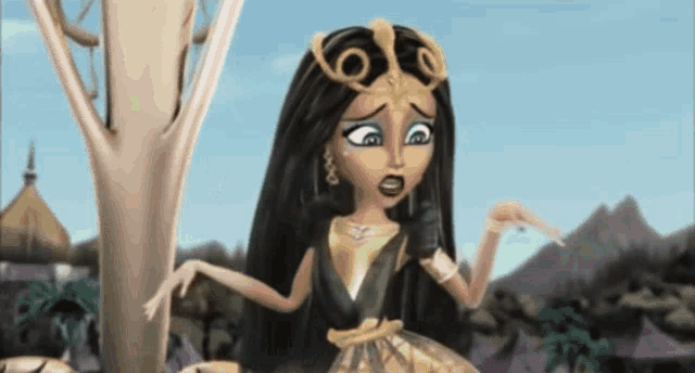 a monster high doll is standing next to a tree and making a funny face