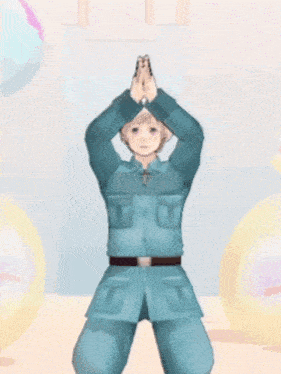 a cartoon character in a blue uniform giving a peace sign