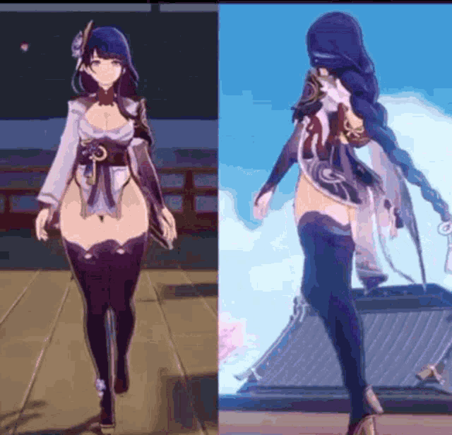 a naked anime girl is standing next to a picture of a naked anime girl .