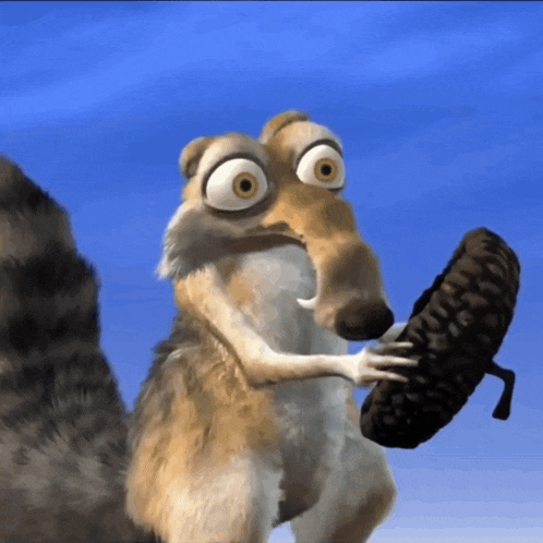 a cartoon squirrel is holding a pine cone in its hand