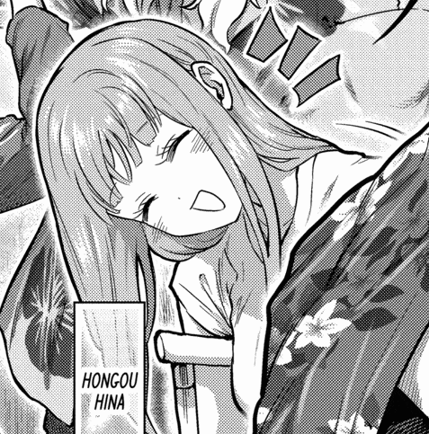 a black and white drawing of a girl with the words hongou hina on the bottom