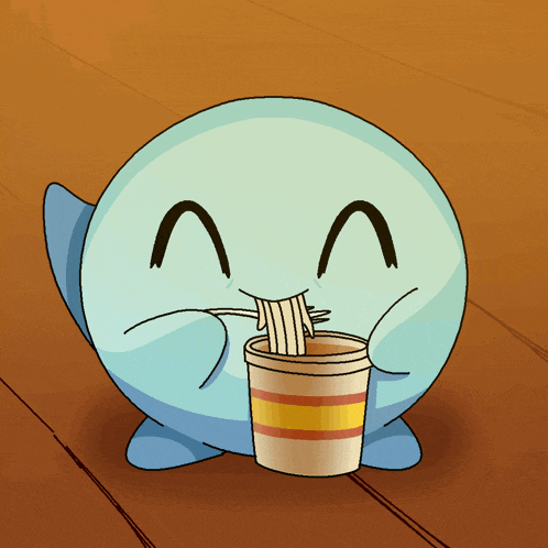 a cartoon character eating noodles out of a cup