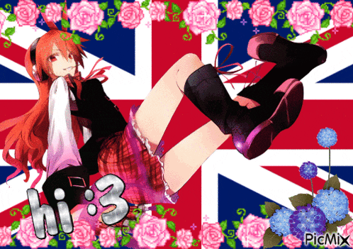 a girl with red hair is laying on a red white and blue british flag