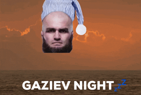 a poster for gaziev night with a bald man wearing a sleep cap