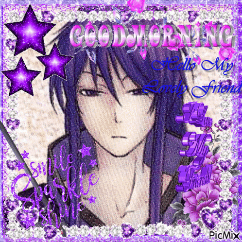 a picture of a man with purple hair and the words good morning