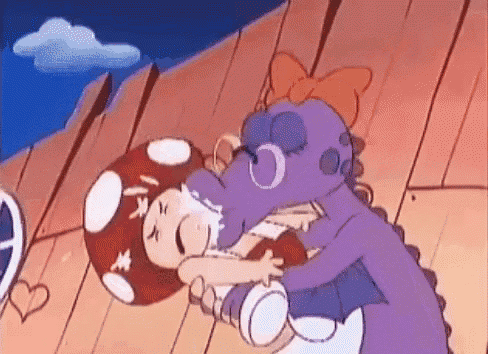 a cartoon of a mushroom and a purple dinosaur kissing each other .