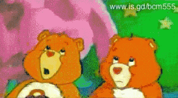 two care bears are standing next to each other with the website www.is.gd/bcm555 in the background