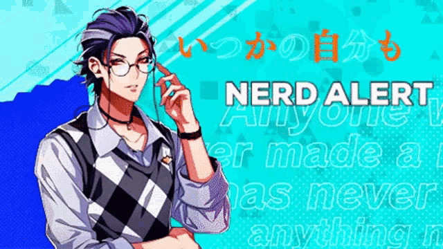 a man wearing glasses and a plaid vest is standing in front of a blue background that says nerd alert