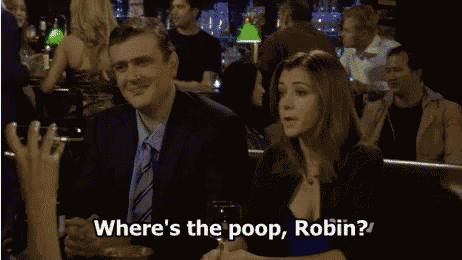 a man and a woman are sitting at a table and the woman is asking where 's the poop robin ?