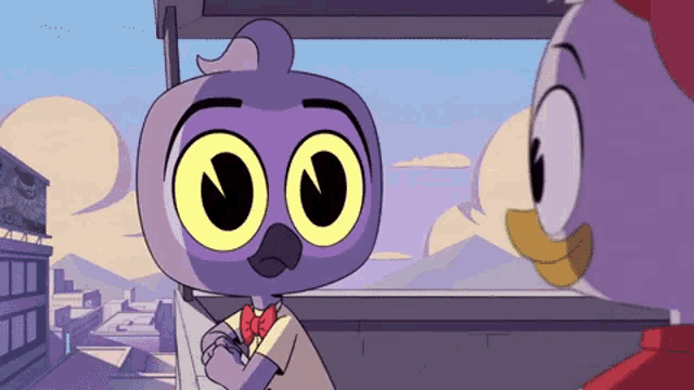a cartoon character with big yellow eyes and a red bow tie
