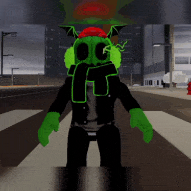 a person in a video game with a green mask on their face