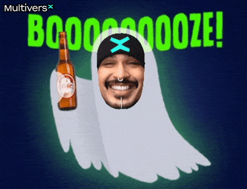 a man in a ghost costume holds a bottle of beer and says booo booze