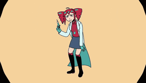 a cartoon of a girl in a lab coat with a syringe in her hand