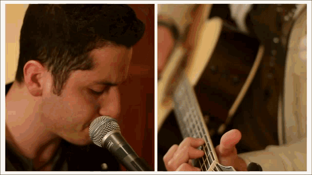 a man singing into a microphone and a man playing a guitar