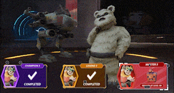 a video game screen shows a teddy bear standing in front of a robot that says champion 3