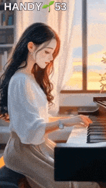 a woman is playing a piano in front of a window and the words handy 53 are above her