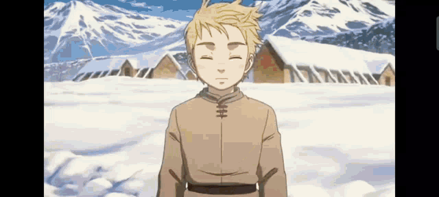 a young boy is standing in the snow in front of a snowy mountain .