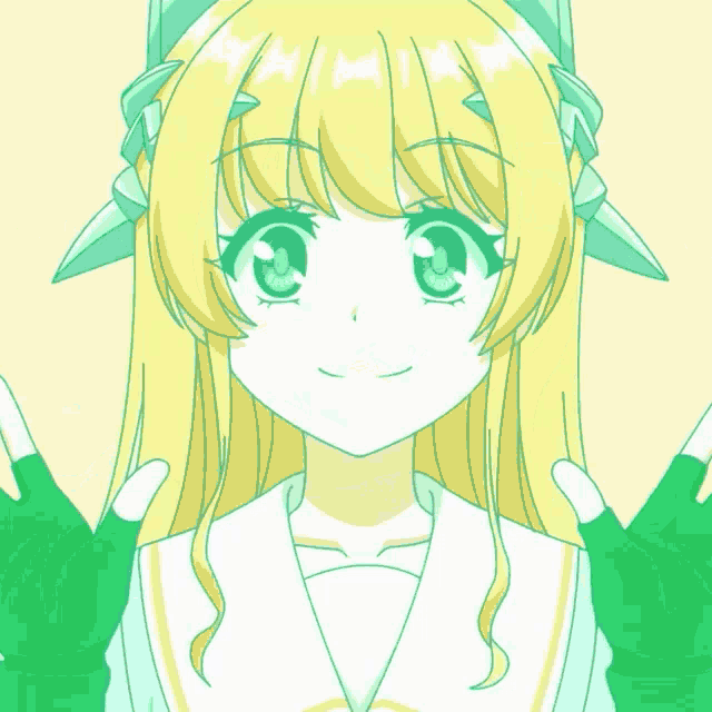 a drawing of a girl with blonde hair and green gloves on