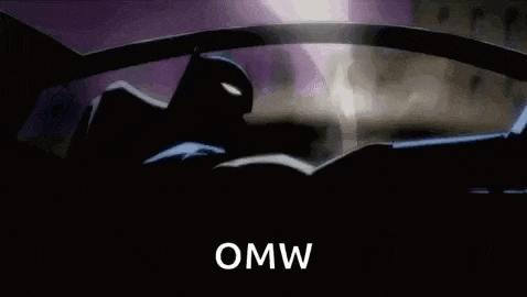 a cartoon of batman flying through the air with the words `` omw '' behind him .