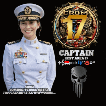 a woman in a military uniform stands in front of a logo for crom 17 community rock metal