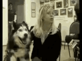 a woman is holding a husky dog in her arms in a room