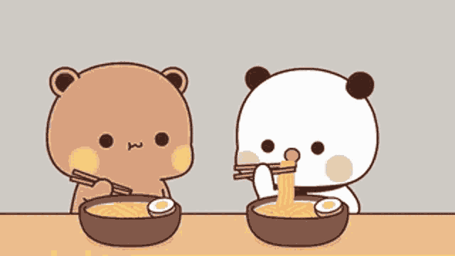 two cartoon bears are sitting at a table eating ramen with chopsticks .