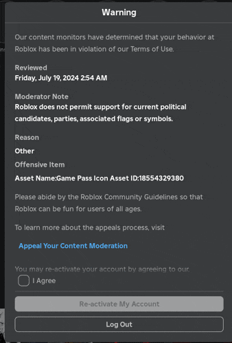a screenshot of a warning on a roblox website