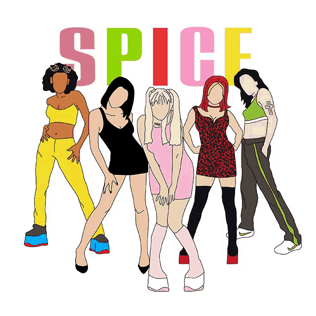a group of women are standing in front of a sign that says spice