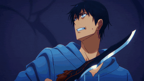 a man in a blue shirt is flying through the air with a sword in his hand