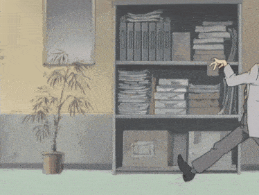 a cartoon drawing of a man standing in front of a plant