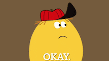 a yellow cartoon character is wearing a red hat and holding a fork with the word okay below it