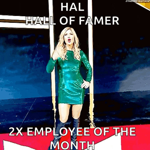 a woman in a green dress is standing on a red carpet with the words hall of famer 2x employee of the month