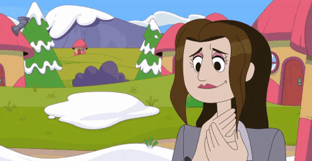 a cartoon drawing of a woman in front of a snowy landscape