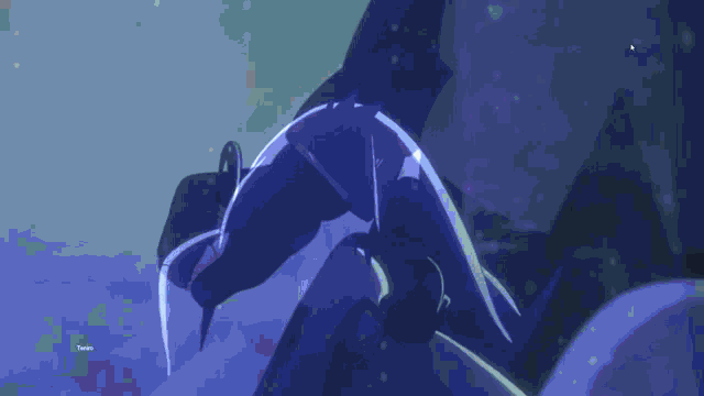 a silhouette of a person holding a sword with a blue background