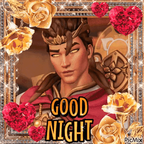 a man with a crown on his head is surrounded by hearts and roses and says good night