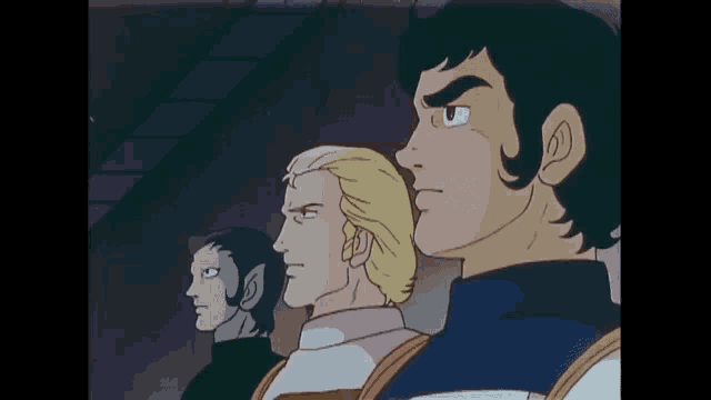 a group of cartoon characters are standing next to each other in a line .