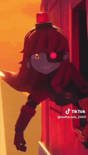 a cartoon character with red eyes and a red hat is standing in front of a door .