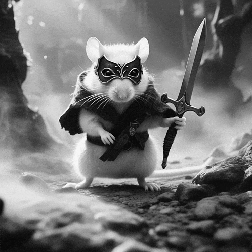a mouse wearing a mask holds a sword