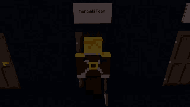 a minecraft character is standing in front of a sign that says " rencaki team "