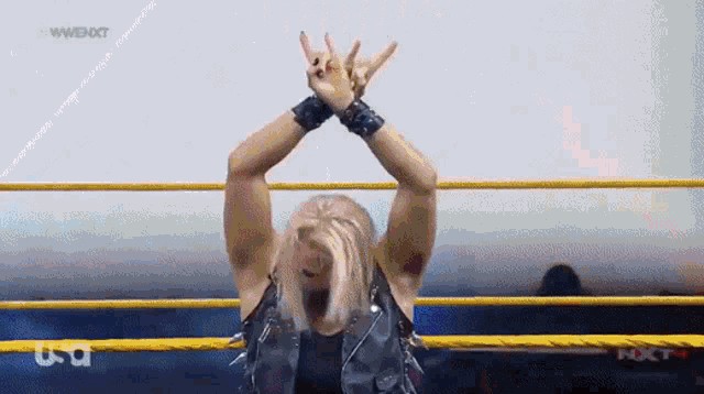a wrestler in a wrestling ring with his hands in the air .